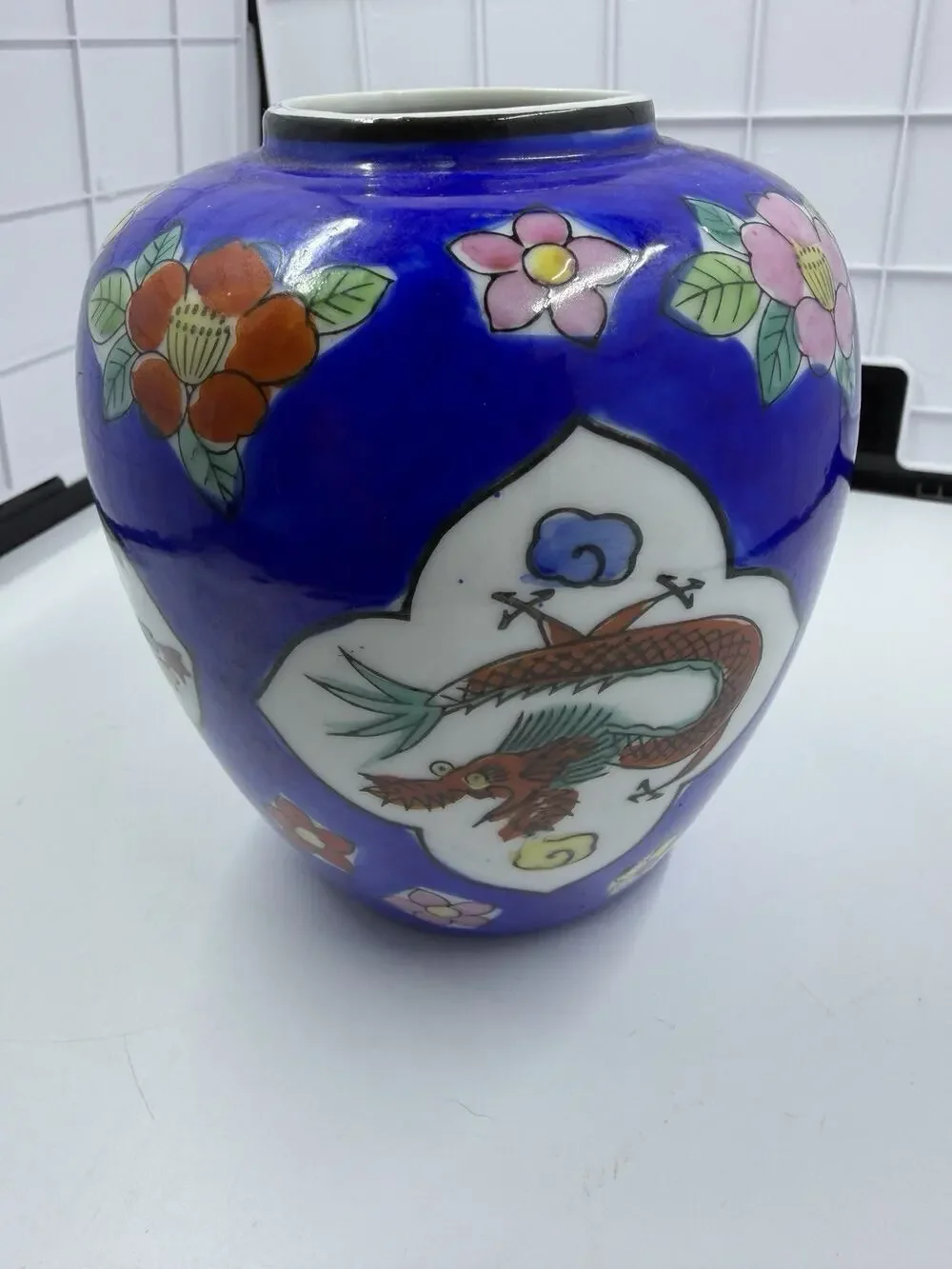 Antique Enameled Japanese Porcelain Vase, Cobalt Blue, Flowers Birds Dragon VTG